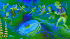 Un panqueque dorado rueda lejos de un grupo de niños emocionados cerca de un arroyo en un campo exuberante.