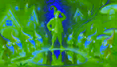  Felix, now a trickster gnome, gazes at his reflection in a puddle, while other gnomes celebrate his transformation in their hidden village.