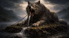 Encadenado por Gleipnir, con una espada atravesando su mandíbula, Fenrir espera en Lyngvi el día de Ragnarök.