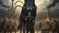 مشاهد مبكرة من حياة فينرير تُظهر الذئب الشاب بجانب الآلهة وهم يتجادلون، والحبل يتآكل تحت قوة هائلة.