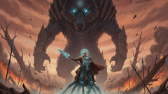 فينرير في ساحة راجناروك الأخيرة، بفكين مفتوحين يواجه ظل أودين، وتحيط بهما عاصفة ونار كونية.