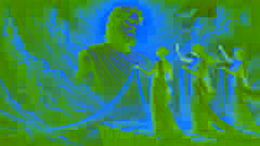Zeus observing the Fates as they weave a mortal’s destiny