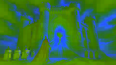 Sir Galahad se encuentra ante el Castillo Corbenic, iluminado por una luz divina, en busca del Santo Grial.