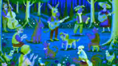 Donkey, dog, cat, and rooster playing music in front of a clapping and smiling crowd in a vibrant forest clearing.