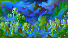 The Enchanted Mountain: Liam meeting the mountain folk and helping them battle the trolls. The scene is vibrant with detailed textures, showing the rugged mountain landscape and the conflict with the trolls.