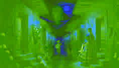 Young woman confronts El Sombrerón on a moonlit stairwell holding a red ribbon