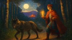 Um lobo cinzento guiando o Príncipe Ivan pela floresta encantada iluminada pela lua, rumo ao vale da Fênix.