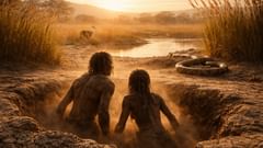 Los primeros individuos imaginados emergen al amanecer, abriendo los ojos ante un paisaje inmenso y encontrándose con los animales que los vigilan.