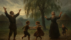 Aldeanos búlgaros celebran la lluvia tras realizar el ritual alemán, niños bailan junto a un sauce.