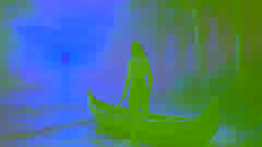 Rata empujando su canoa terminada hacia el mar del amanecer, ayudado por los vigilantes espíritus del bosque.