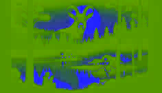 Representación en blanco y negro de una criatura mitad cabra situada al borde de un lago texano durante la noche, bajo pinos.