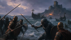 Une escarmouche balayée par la tempête à l'embouchure d'une rivière, opposant des guerriers Tuatha Dé Danann à des Fomoriens pillards.
