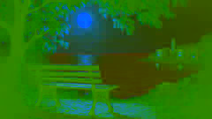 Una pareja que se encuentra en secreto a la luz de la luna en un banco junto al mar.