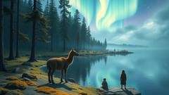 Guardianes Yámana imaginarios que aparecen entre árboles cubiertos de musgo, mientras una luz auroral traza un arco sobre sus cabezas, uniendo la tierra y el cielo.