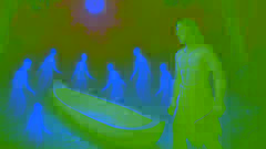 Espíritus etéreos del bosque rodeando el casco de canoa tallado bajo un cielo estrellado.