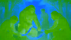 Maui y sus hermanos creando una cuerda luminosa a partir de cabello mágico al amanecer