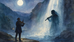 Bei Mondschein spielt ein Schüler eine geübte Melodie neben dem Becken des Wasserfalls, während der Fossegrim zuschaut.