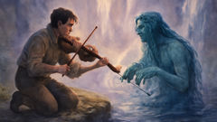 Fossegrim unterrichtet einen Menschen, der Geige spielt, unter dem Wasserfall, umgeben von Gischt und Steinen.