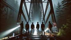 Friends gather with flashlights under Pope Lick Trestle in moonlit woods