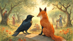 The fox and the crow sit side by side atop a rock overlooking the olive grove at harvest time
