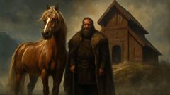 Freyfaxi, o garboso garanhão, está ao lado de Hrafnkell perto de um santuário nórdico.