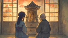 Akiko y Sobei arrodillados juntos ante un altar mientras afuera, a través de una ventana shoji, caen las hojas de otoño.