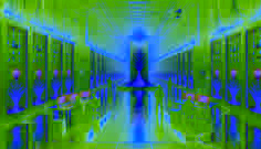 Futuristic Silicon Valley data center with glowing servers and teal core, technicians observing in awe