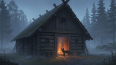 A fox-shaped fylgja pauses at the lip of a longhouse, the hearth smoke curling as if in conversation.