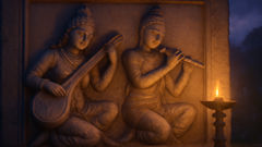 Gandharvas, die Veena und Flöte spielend, auf einem Tempelrelief bei Dämmerung dargestellt.