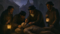 The Gaon and disciples creating the Golem from clay under lantern light