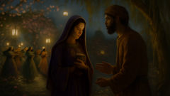 Leyli y Majnun intercambian poesía en un jardín iluminado por la luz de la luna.