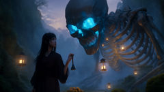 A woman faces a gigantic skeleton spirit in mist, making a pact among old bones and lantern light.