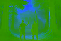 Gilgamesh y Enkidu entrando en el denso Bosque de Cedro con las espadas desenvainadas