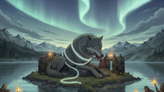 الشريط الرفيع الذي لا ينكسر، غليبنير، يربط فينرير بينما يضحي تير بيده؛ وتُعكس البركة المحيطة بهما النجوم الباردة.