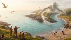 Glooscap molding islands and rivers with hands as people watch from pine-covered shores
