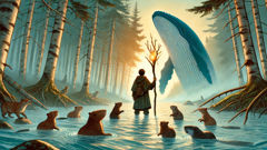 Glooscap uses a glowing staff to heal the river while animals watch; the whale is humbled.