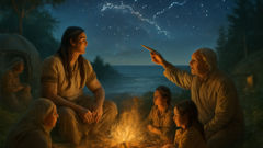 Glooscap teaching people by the hearth while the sea and forest watch, a lesson unfolding under starlight