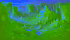 A half-ruined golden city emerges in a misted valley, its towers crowned by creeping vines and glowing faintly