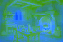 Interior de una cálida cocina de cabaña, con tres tazones deugao en una mesa de madera