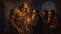 The Gaon erasing Hebrew letters from the Golem’s brow as it collapses into clay