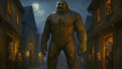 Golem guarding the Vilnius Jewish quarter gates at night with villagers watching