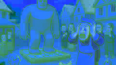 The Golem stands on a tray of bagels in Chelm’s square as villagers look on in shock.