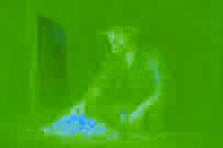 Farmer staring greedily at piles of golden eggs