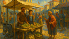 Vater und Sohn mit Esel auf einem belebten griechischen Marktplatz