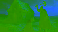 At the eerie Green Chapel, Sir Gawain kneels before the Green Knight who swings his axe.