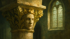 Sculpture de l’homme vert sur le chapiteau d’une église.