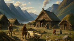 Colonos vikingos construyendo casas largas de turba en Brattahlid, Groenlandia, con picos nevados al fondo.