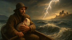 Grim carries baby Havelok through stormy waves toward the English coast.