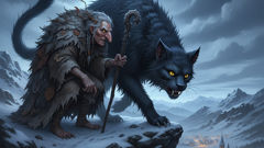 Grýla and the Yule Cat loom above a village while lanterns burn below, symbolizing the old warnings of winter.