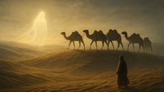 A spectral guardian guides a caravan across a dawn-lit dune, leaving a packed, safe path.